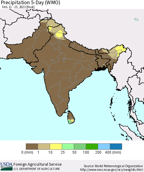 Southern Asia Precipitation 5-Day (WMO) Thematic Map For 2/11/2023 - 2/15/2023