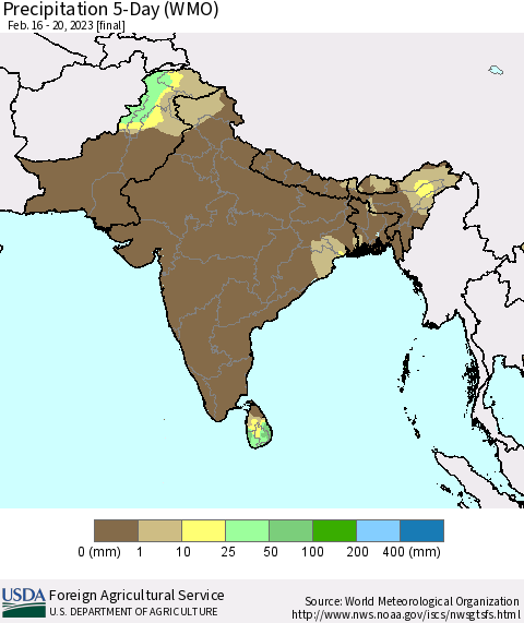 Southern Asia Precipitation 5-Day (WMO) Thematic Map For 2/16/2023 - 2/20/2023