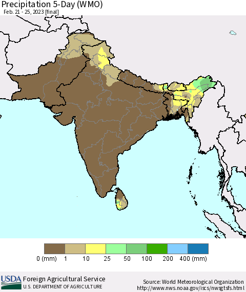 Southern Asia Precipitation 5-Day (WMO) Thematic Map For 2/21/2023 - 2/25/2023