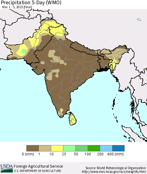 Southern Asia Precipitation 5-Day (WMO) Thematic Map For 3/1/2023 - 3/5/2023