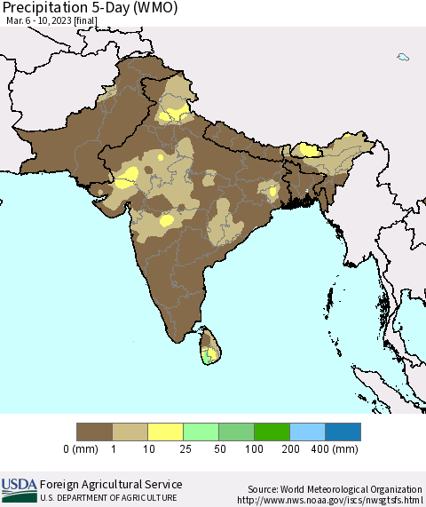 Southern Asia Precipitation 5-Day (WMO) Thematic Map For 3/6/2023 - 3/10/2023