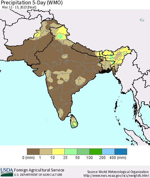 Southern Asia Precipitation 5-Day (WMO) Thematic Map For 3/11/2023 - 3/15/2023