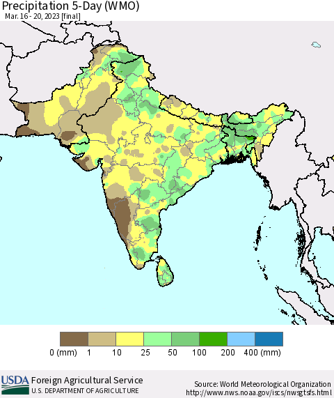 Southern Asia Precipitation 5-Day (WMO) Thematic Map For 3/16/2023 - 3/20/2023