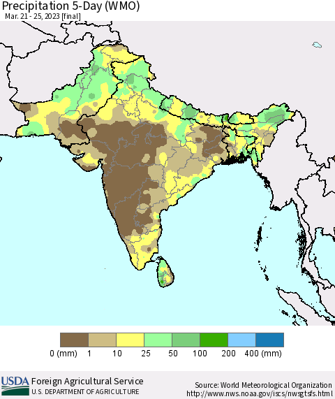 Southern Asia Precipitation 5-Day (WMO) Thematic Map For 3/21/2023 - 3/25/2023