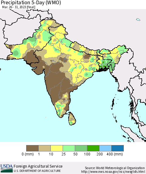 Southern Asia Precipitation 5-Day (WMO) Thematic Map For 3/26/2023 - 3/31/2023