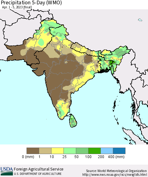 Southern Asia Precipitation 5-Day (WMO) Thematic Map For 4/1/2023 - 4/5/2023
