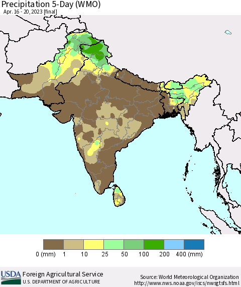 Southern Asia Precipitation 5-Day (WMO) Thematic Map For 4/16/2023 - 4/20/2023