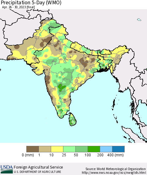 Southern Asia Precipitation 5-Day (WMO) Thematic Map For 4/26/2023 - 4/30/2023