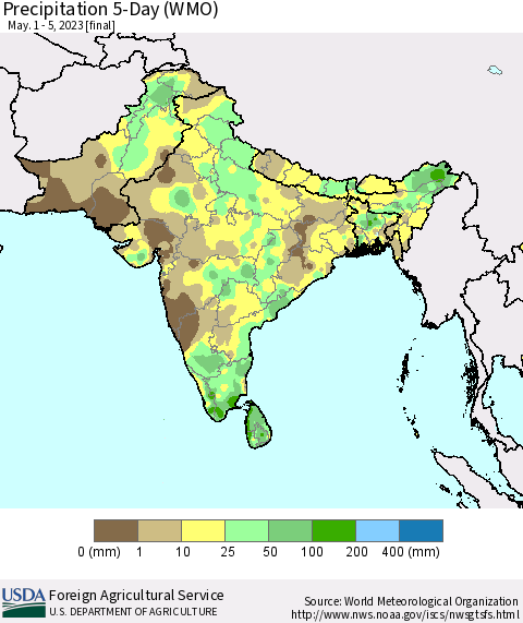 Southern Asia Precipitation 5-Day (WMO) Thematic Map For 5/1/2023 - 5/5/2023