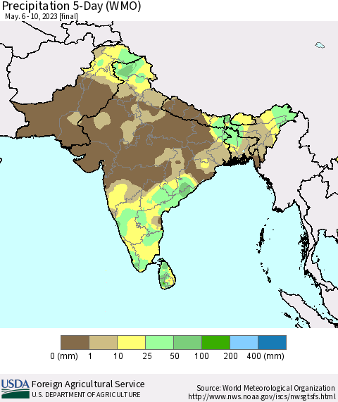 Southern Asia Precipitation 5-Day (WMO) Thematic Map For 5/6/2023 - 5/10/2023