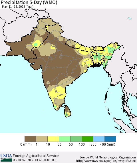 Southern Asia Precipitation 5-Day (WMO) Thematic Map For 5/11/2023 - 5/15/2023