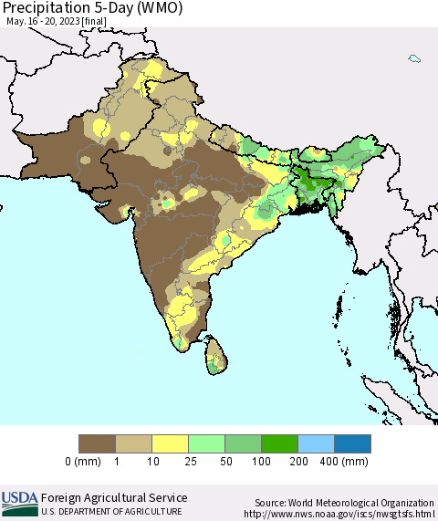 Southern Asia Precipitation 5-Day (WMO) Thematic Map For 5/16/2023 - 5/20/2023