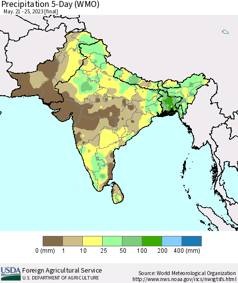 Southern Asia Precipitation 5-Day (WMO) Thematic Map For 5/21/2023 - 5/25/2023