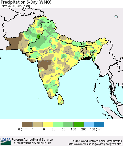 Southern Asia Precipitation 5-Day (WMO) Thematic Map For 5/26/2023 - 5/31/2023