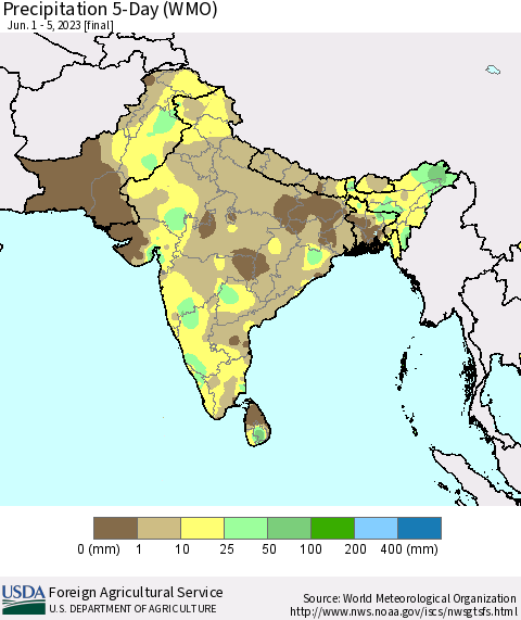 Southern Asia Precipitation 5-Day (WMO) Thematic Map For 6/1/2023 - 6/5/2023