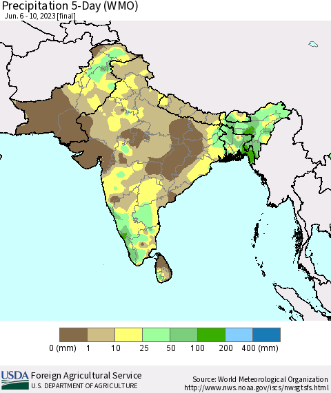 Southern Asia Precipitation 5-Day (WMO) Thematic Map For 6/6/2023 - 6/10/2023