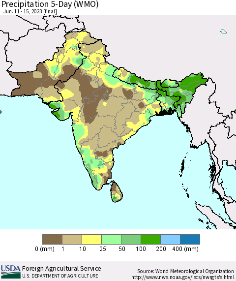 Southern Asia Precipitation 5-Day (WMO) Thematic Map For 6/11/2023 - 6/15/2023