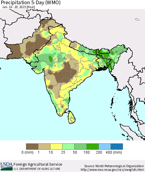 Southern Asia Precipitation 5-Day (WMO) Thematic Map For 6/16/2023 - 6/20/2023