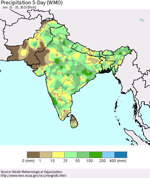 Southern Asia Precipitation 5-Day (WMO) Thematic Map For 6/21/2023 - 6/25/2023