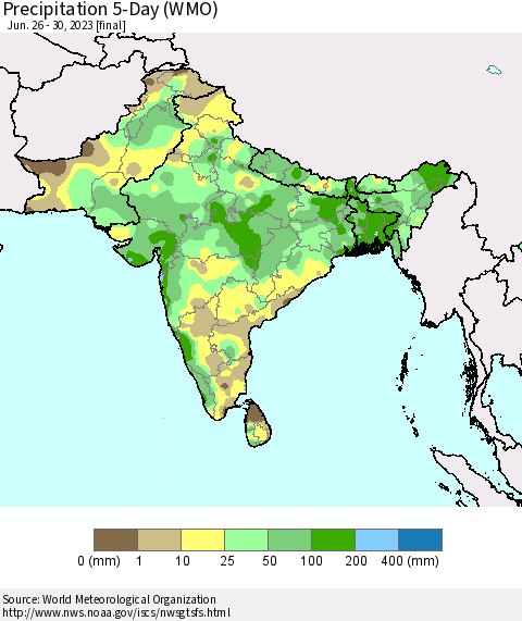 Southern Asia Precipitation 5-Day (WMO) Thematic Map For 6/26/2023 - 6/30/2023