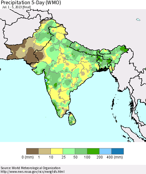 Southern Asia Precipitation 5-Day (WMO) Thematic Map For 7/1/2023 - 7/5/2023