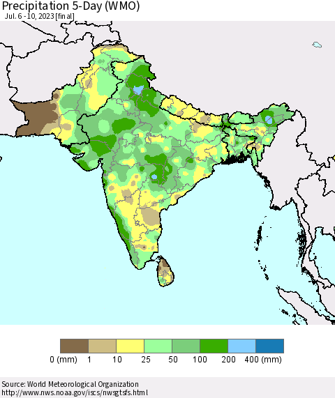 Southern Asia Precipitation 5-Day (WMO) Thematic Map For 7/6/2023 - 7/10/2023