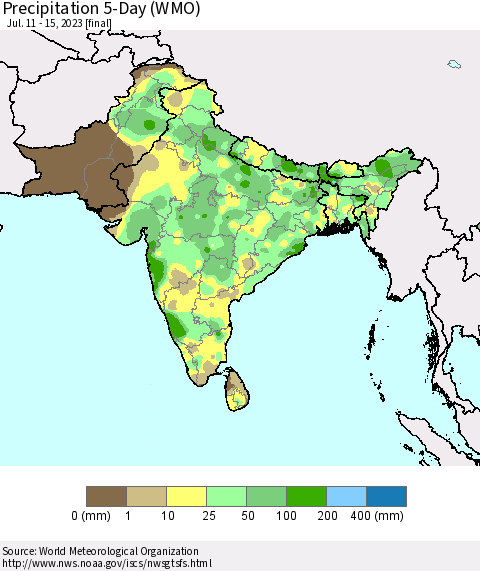 Southern Asia Precipitation 5-Day (WMO) Thematic Map For 7/11/2023 - 7/15/2023