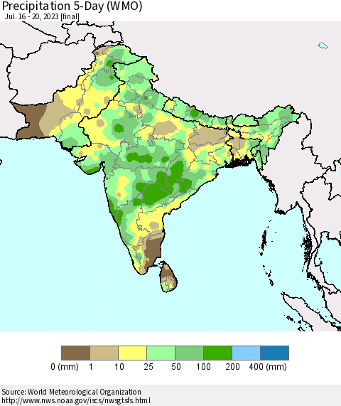 Southern Asia Precipitation 5-Day (WMO) Thematic Map For 7/16/2023 - 7/20/2023