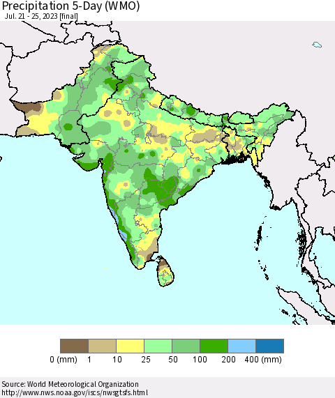 Southern Asia Precipitation 5-Day (WMO) Thematic Map For 7/21/2023 - 7/25/2023