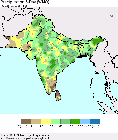 Southern Asia Precipitation 5-Day (WMO) Thematic Map For 7/26/2023 - 7/31/2023