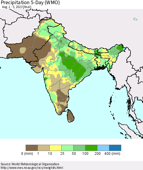 Southern Asia Precipitation 5-Day (WMO) Thematic Map For 8/1/2023 - 8/5/2023