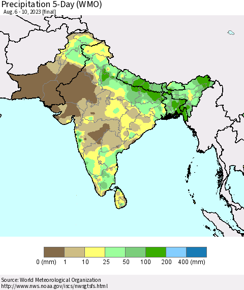 Southern Asia Precipitation 5-Day (WMO) Thematic Map For 8/6/2023 - 8/10/2023