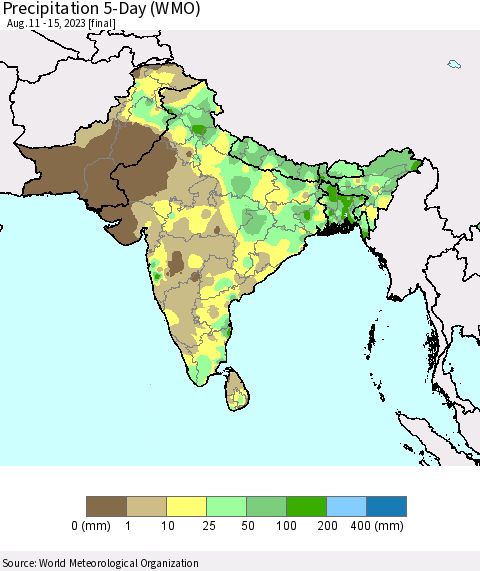Southern Asia Precipitation 5-Day (WMO) Thematic Map For 8/11/2023 - 8/15/2023