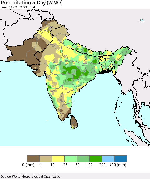 Southern Asia Precipitation 5-Day (WMO) Thematic Map For 8/16/2023 - 8/20/2023