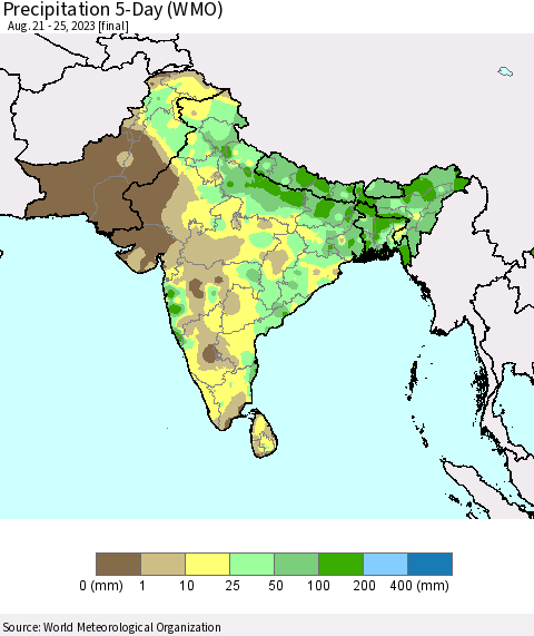 Southern Asia Precipitation 5-Day (WMO) Thematic Map For 8/21/2023 - 8/25/2023