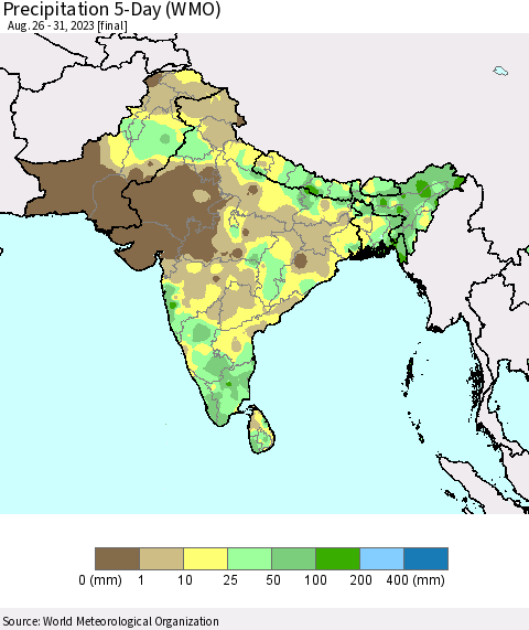 Southern Asia Precipitation 5-Day (WMO) Thematic Map For 8/26/2023 - 8/31/2023