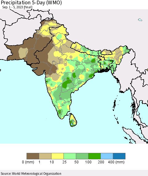 Southern Asia Precipitation 5-Day (WMO) Thematic Map For 9/1/2023 - 9/5/2023