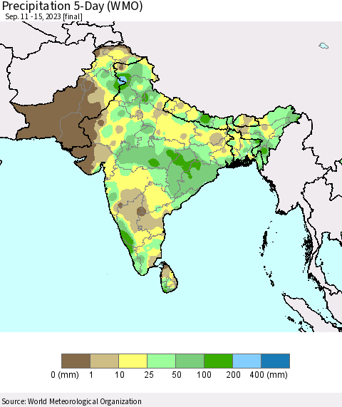 Southern Asia Precipitation 5-Day (WMO) Thematic Map For 9/11/2023 - 9/15/2023
