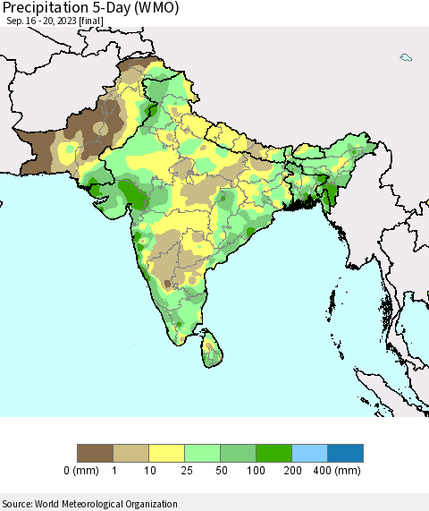 Southern Asia Precipitation 5-Day (WMO) Thematic Map For 9/16/2023 - 9/20/2023