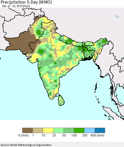 Southern Asia Precipitation 5-Day (WMO) Thematic Map For 9/21/2023 - 9/25/2023
