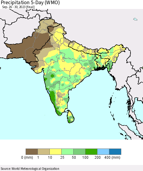 Southern Asia Precipitation 5-Day (WMO) Thematic Map For 9/26/2023 - 9/30/2023