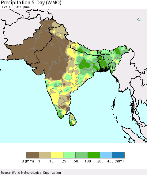 Southern Asia Precipitation 5-Day (WMO) Thematic Map For 10/1/2023 - 10/5/2023