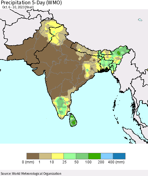 Southern Asia Precipitation 5-Day (WMO) Thematic Map For 10/6/2023 - 10/10/2023