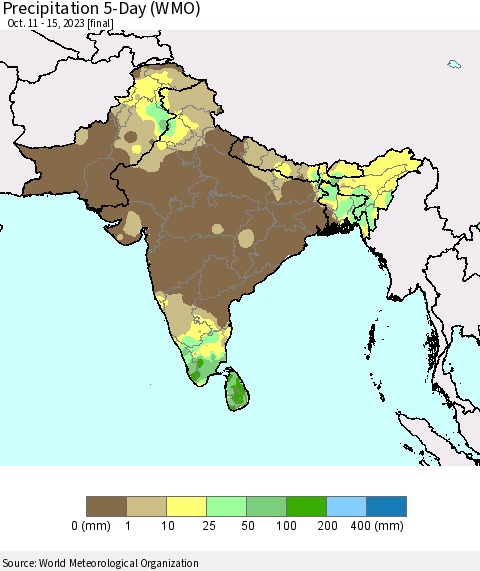 Southern Asia Precipitation 5-Day (WMO) Thematic Map For 10/11/2023 - 10/15/2023