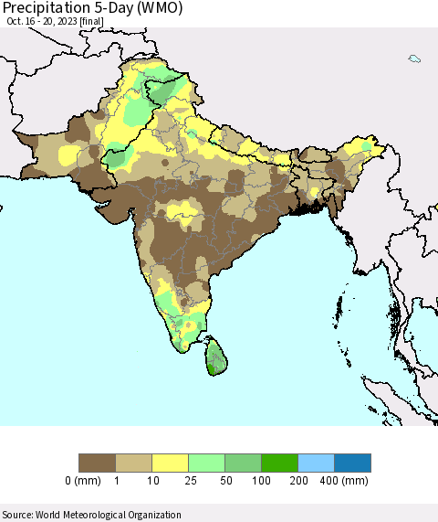 Southern Asia Precipitation 5-Day (WMO) Thematic Map For 10/16/2023 - 10/20/2023