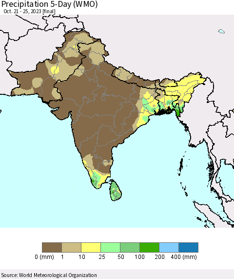 Southern Asia Precipitation 5-Day (WMO) Thematic Map For 10/21/2023 - 10/25/2023