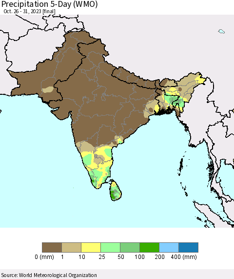 Southern Asia Precipitation 5-Day (WMO) Thematic Map For 10/26/2023 - 10/31/2023