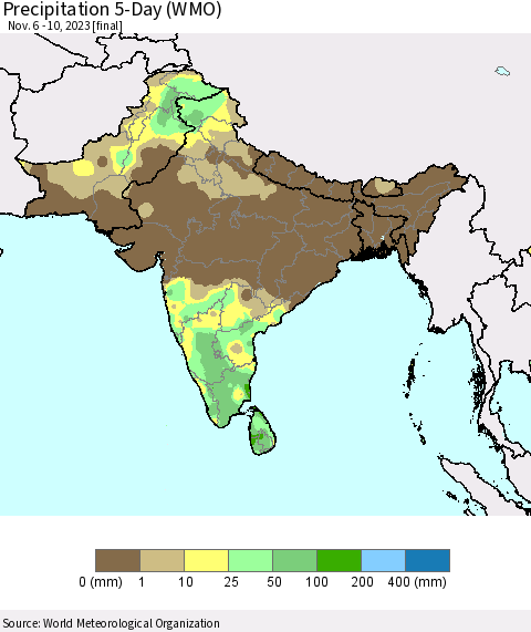 Southern Asia Precipitation 5-Day (WMO) Thematic Map For 11/6/2023 - 11/10/2023