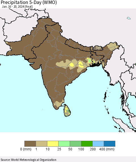 Southern Asia Precipitation 5-Day (WMO) Thematic Map For 1/16/2024 - 1/20/2024