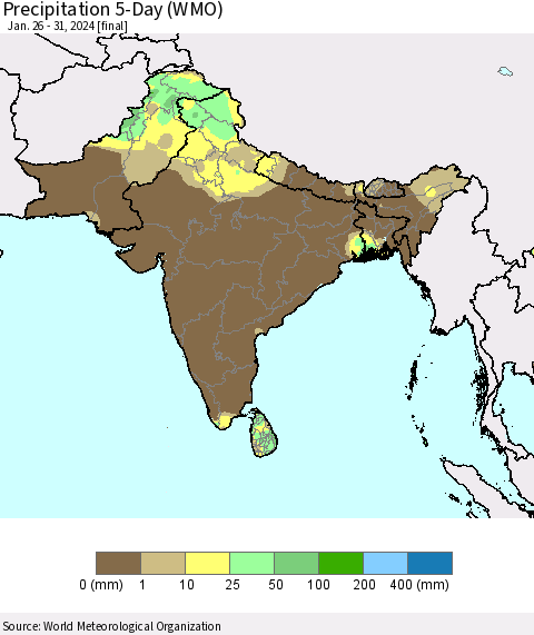 Southern Asia Precipitation 5-Day (WMO) Thematic Map For 1/26/2024 - 1/31/2024